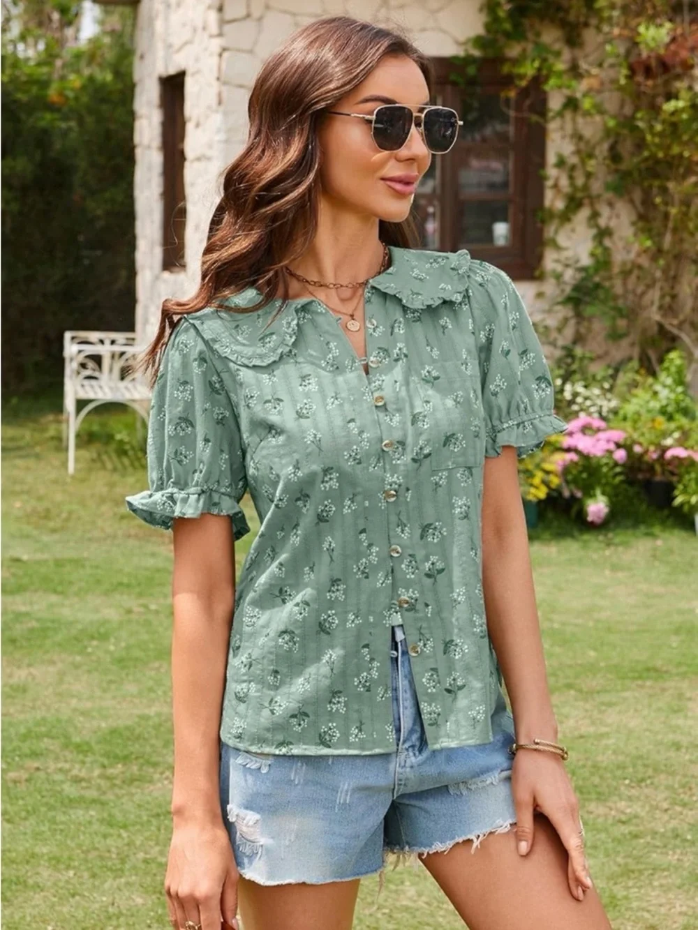 Ecowish Sage Green Floral Puff-Sleeve Button Front Blouse - Picture 14 of 16